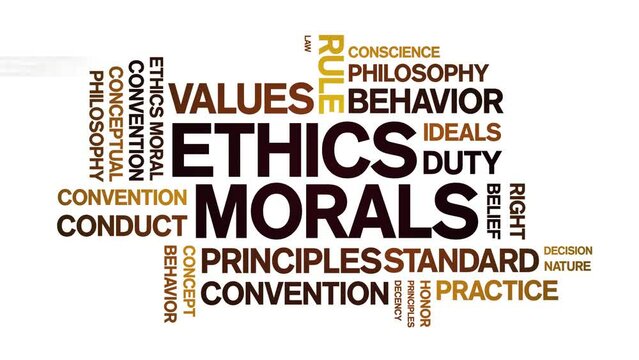Ethics Morals animated tag word cloud;values text design animation kinetic typography seamless loop.