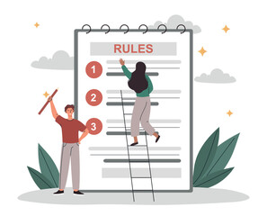 Man and woman write rules. Regulation of work in company and organization. Business ethics, management. Restricted graphic writing with law information concept. Cartoon flat vector illustration