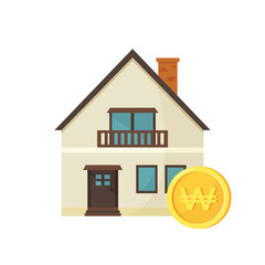House with won coin. House for sale. Real estate investment concept. Vector illustration