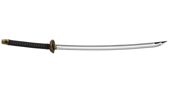 Asian sword with gold dragon on handle on white background