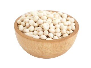 White beans in wooden bowl on white background. Closeup photo, blurred.