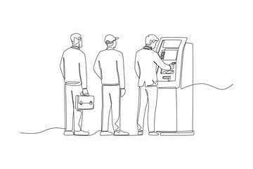 Continuous one line drawing men queuing at the ATM machine. ATM machine concept. Single line draw design vector graphic illustration.