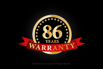 86 years warranty golden logo with ring and red ribbon isolated on black background, vector design for product warranty, guarantee, service, corporate, and your business.