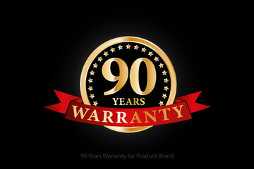90 years warranty golden logo with ring and red ribbon isolated on black background, vector design for product warranty, guarantee, service, corporate, and your business.