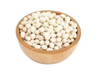 White beans in wooden bowl on white background. Top view photo, blurred.