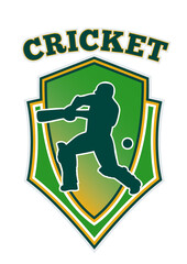 illustration of a cricket player batsman batting set inside shield isolated on white and words Cricket