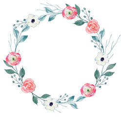 wreath- watercolor- floral- flower- nature- frame- vintage- decoration- bouquet- invitation- rose- hand- summer- leaf- wedding- card- spring- green- garden- romantic
