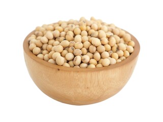 Soybeans in wooden bowl on white background. Closeup photo, blurred.