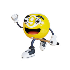 yellow billiard ball mascot is running 3d character illustration