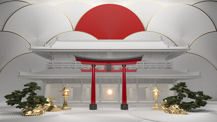 torii gates red and Bonsai tree on a white background. 3d rendering