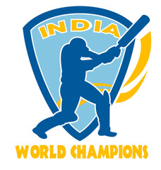 illustration of a cricket player batsman batting  ball with words "India World Champions"