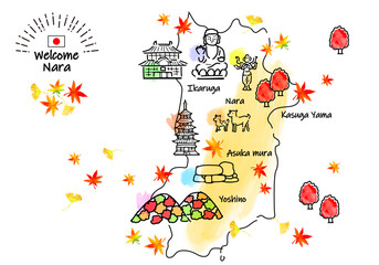 秋の奈良県の観光地のシンプル線画イラストマップ