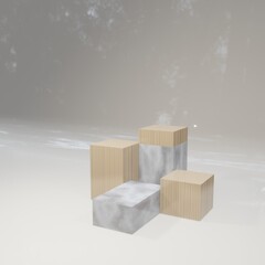 3D render podium for presentation, squared podiums, marble mixed wood podiums