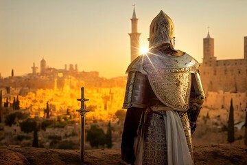 Templar knight facing Jerusalem - obrazy, fototapety, plakaty