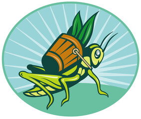 illustration of a Grasshopper carrying basket with leaves with sunburst in background set inside ellipse