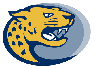 illustration of a jaguar head facing side set inside an oval done in retro style