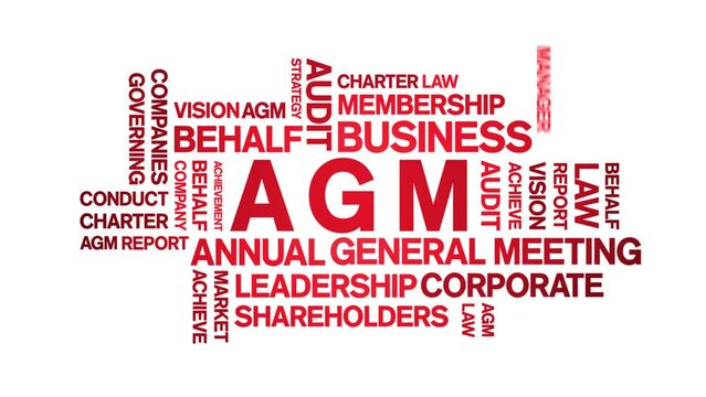 AGM - Annual General Meeting acronym animated tag word cloud;text design animation kinetic typography seamless loop.