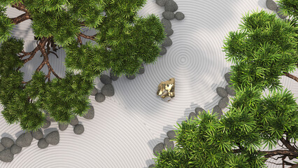 renderingTop view bonsai tree on zen sand garden background. 3d rendering