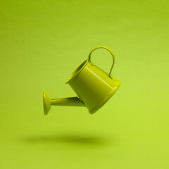 A miniature of a metal watering can floating in the air on a green background with a shadow. Minimal concept. Levitating objects - obrazy, fototapety, plakaty