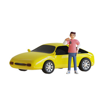 young man standing in front of car holding car keys 3d character illustration