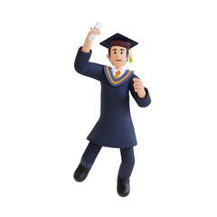 young man jumping while holding diploma graduation 3d character illustration