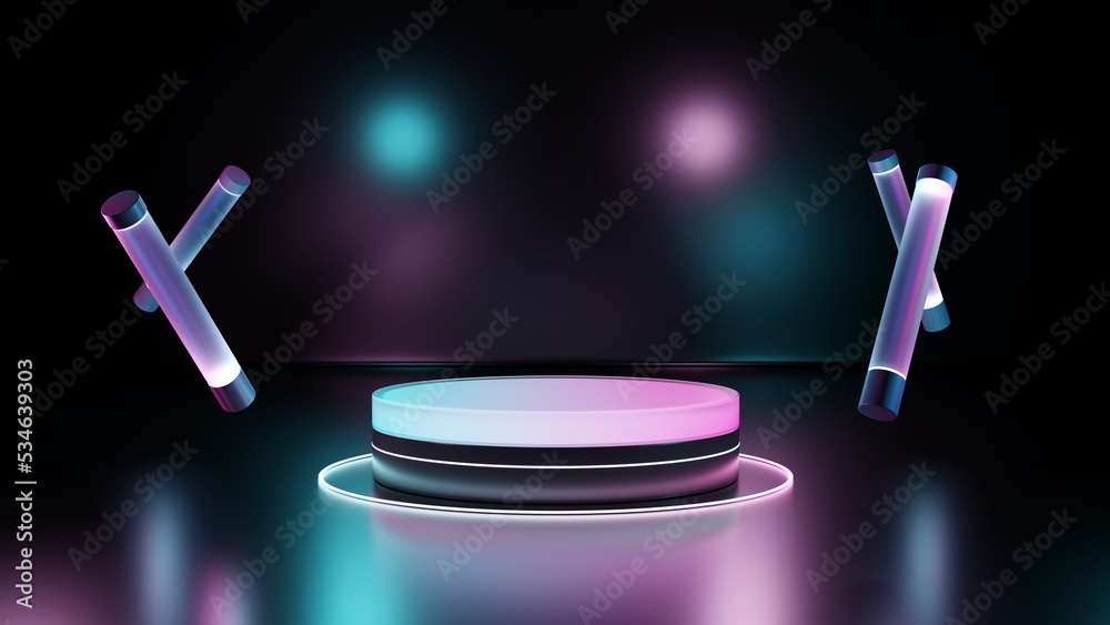 Leinwandbilder 3d rendering neon display stand products colored luminous geometric podium shape on a black backgrou