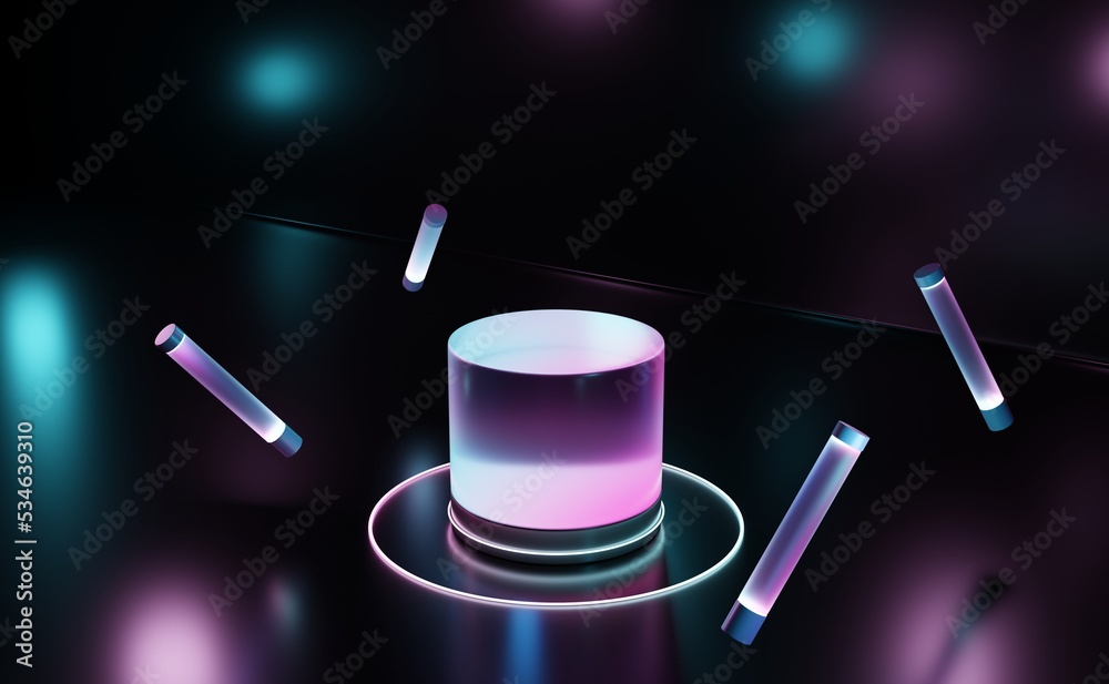 Poster 3D rendering Neon display Stand Products Colored luminous geometric Podium  shape on a black background ,pink blue Velvet Violet neon light  dark space, ultraviolet spectrum