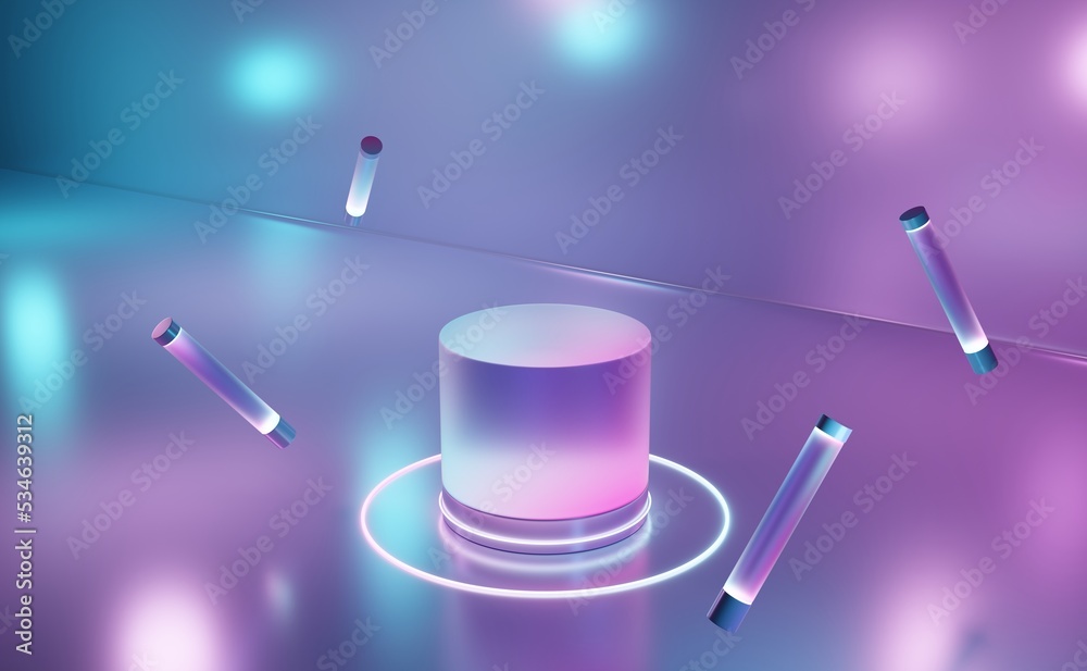 Poster 3d rendering neon display stand products colored luminous geometric podium shape on a black backgrou