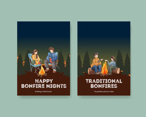 Invite card template with bonfire party concept,watercolor style