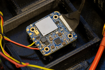 Electrical engineering prototyping circuit board PCB micro chip with wires capacitors resistors and integrated circuits built in