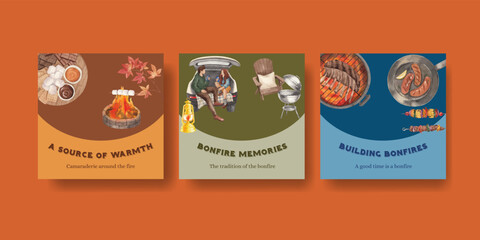 Banner template with bonfire party concept,watercolor style