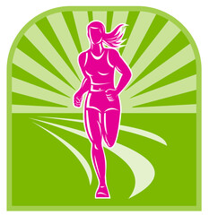 illustration of a female marathon runner front view with sunburst in background done in retro style