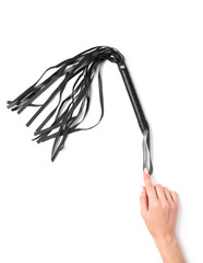 Female hand hold a leather whip from sex shop on a white background