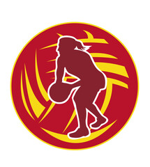 illustration of a netball player passing ball with ball in background