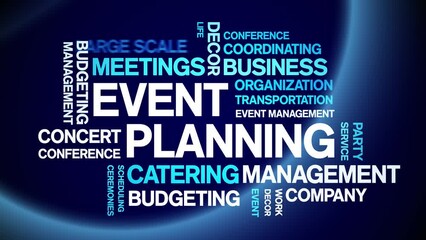 Event Planning animated tag word cloud;text design animation kinetic typography seamless loop.