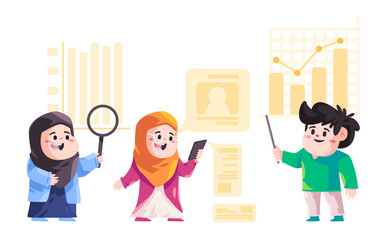 Team analyze data statistics graph and chart interacting with data