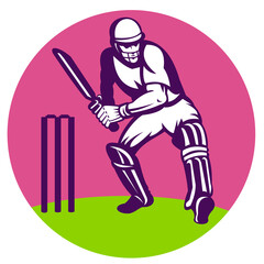  illustration of a cricket sports batsman batting viewed from front set inside circle with wickett in background - obrazy, fototapety, plakaty