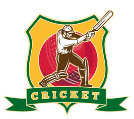 illustration of a cricket sports batsman batting viewed from front with cricket ball in the middle and shield with words 