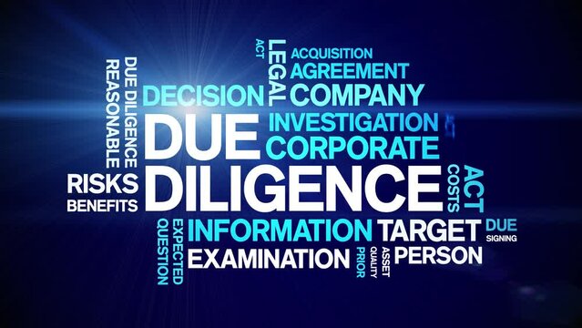 Due Diligence animated tag word cloud;text design animation kinetic typography seamless loop.