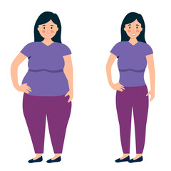 Woman fat and slim body after weight loss in flat design on white background.