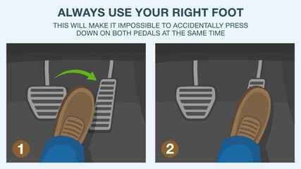 Safe driving rules and tips. Always use your right foot, avoiding accidentially press down on both pedals at the same time. Male foot changes pedal from brake to accelerate. Flat vector illustration. - obrazy, fototapety, plakaty