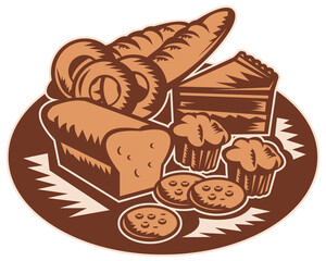 retro style illustration of pastry products showing loaf of bread,muffin,slice of cake,cookies,donut done in retro style