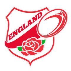 Illustration of a red English rose inside shield with rugby ball flying out and words "England"