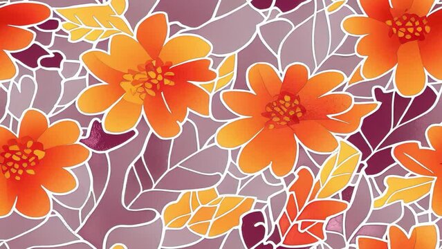 seamless looping autumn flower animation, Floral fall design, Repeatable botanical backdrop, Colorful flat digital render, Various autumn foliage and flowers, Rowan print, Botanical background 1