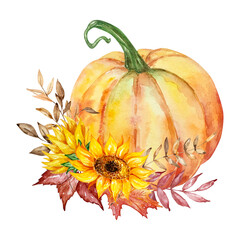 Watercolor autumn illustration, pumpkins, sunflowers, branch and leaves