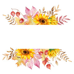 Watercolor autumn frame banner of sunflowers, berries and leaves