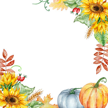 Watercolor autumn frame of pumpkins, sunflowers and leaves