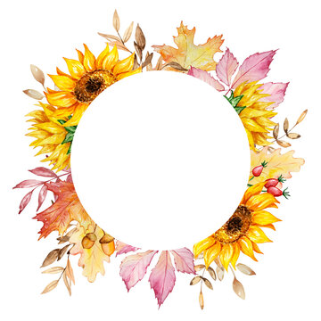Watercolor autumn round frame of sunflowers, berries and leaves