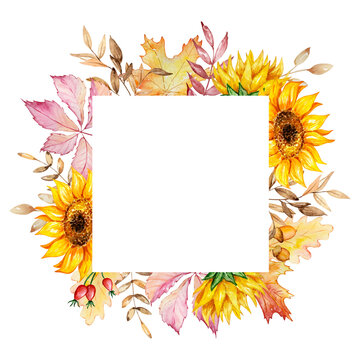 Watercolor autumn square frame of sunflowers, berries and leaves