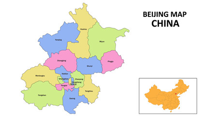 Beijing Map of China. State and district map of Beijing. Detailed colorful map of Beijing.